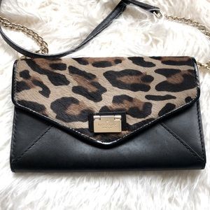 Black leather with leopard print calf hair purse/wallet with crossbody chain